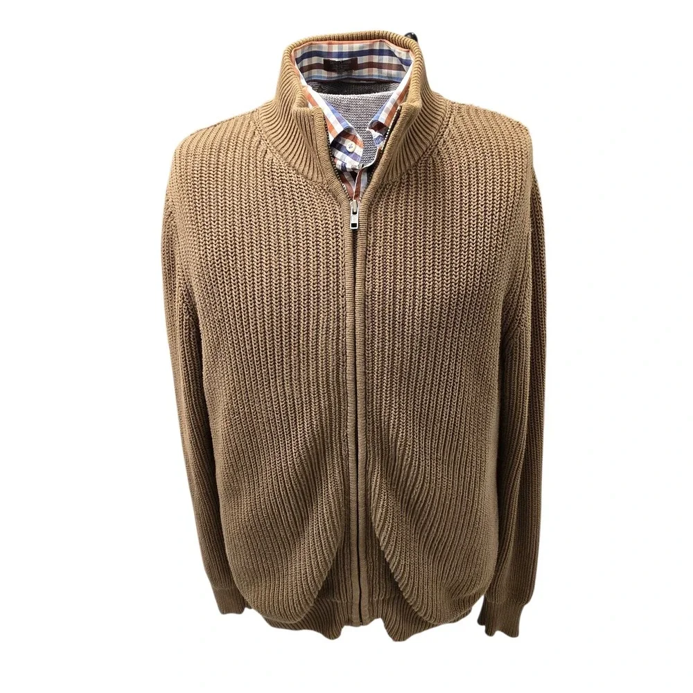 Vtg 90s LL Bean Full Zip Chunky Knit Ribbed Cotton Sweater Dark Tan Men's L MINT